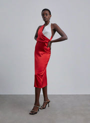 Color Block Halter Neck Silk Midi Dress