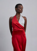 Color Block Halter Neck Silk Midi Dress