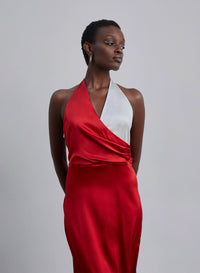 Color Block Halter Neck Silk Midi Dress
