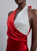 Color Block Halter Neck Silk Midi Dress