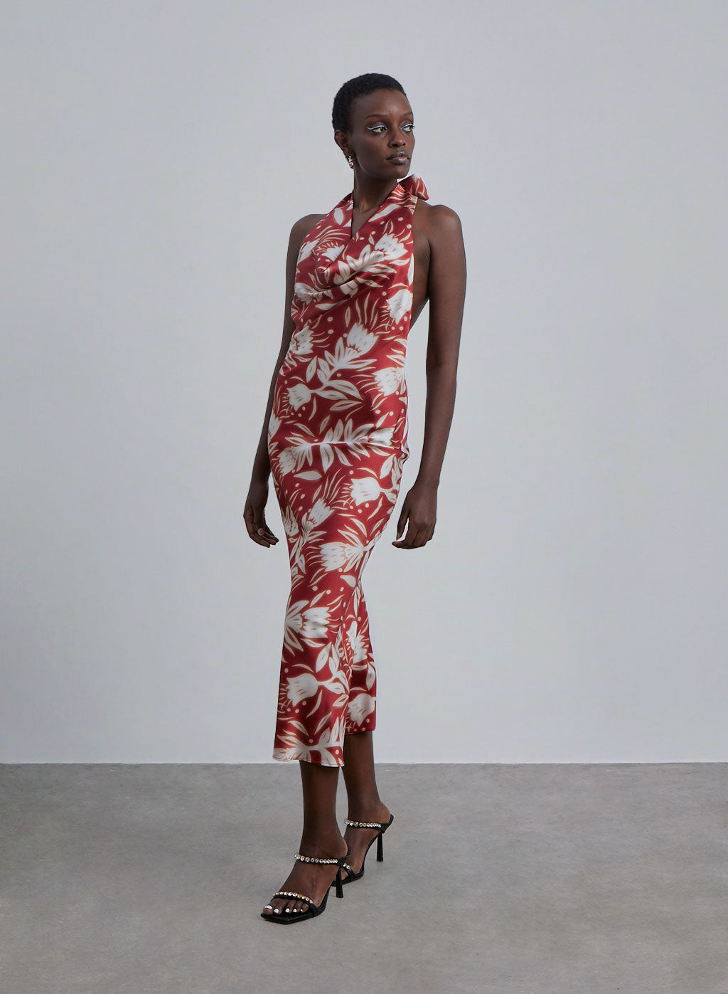 Floral Print Halter Neck Silk Midi Dress
