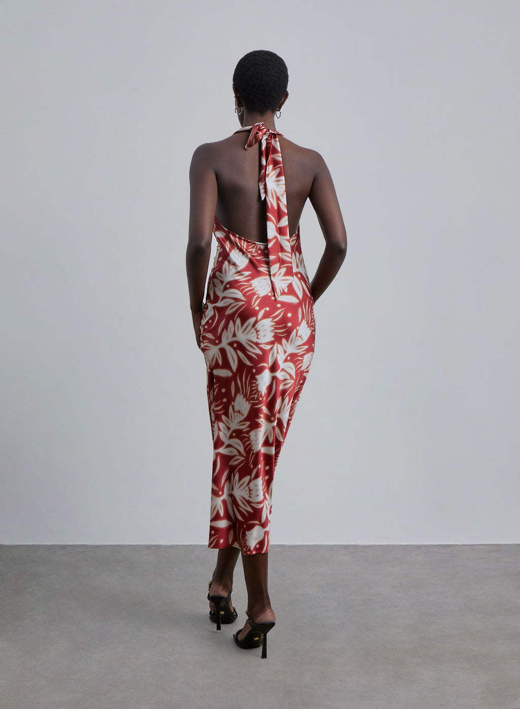 Floral Print Halter Neck Silk Midi Dress