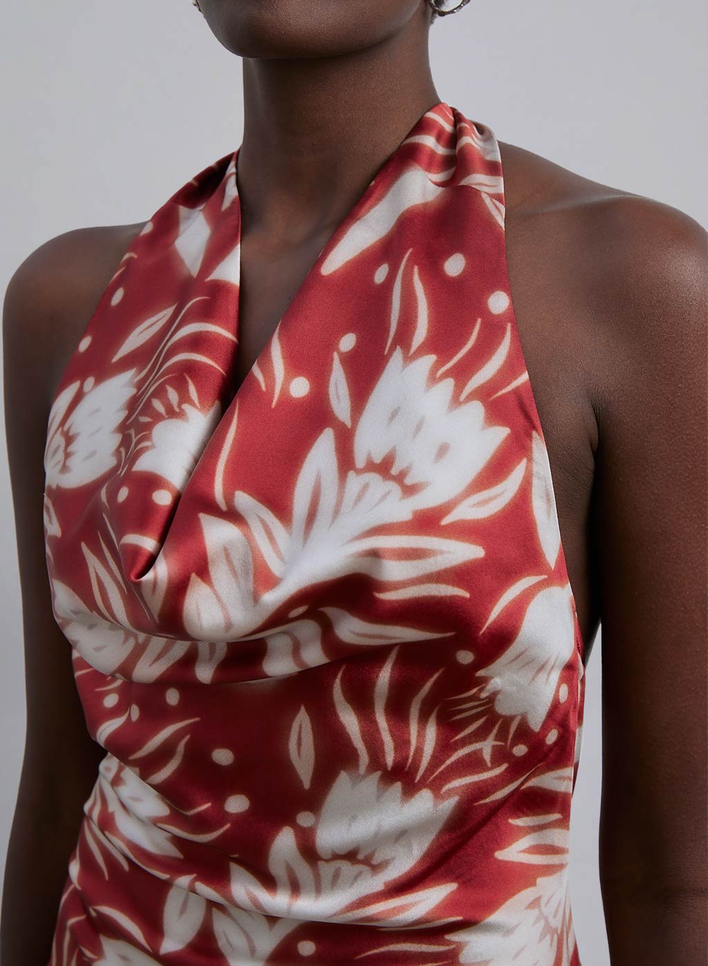 Floral Print Halter Neck Silk Midi Dress