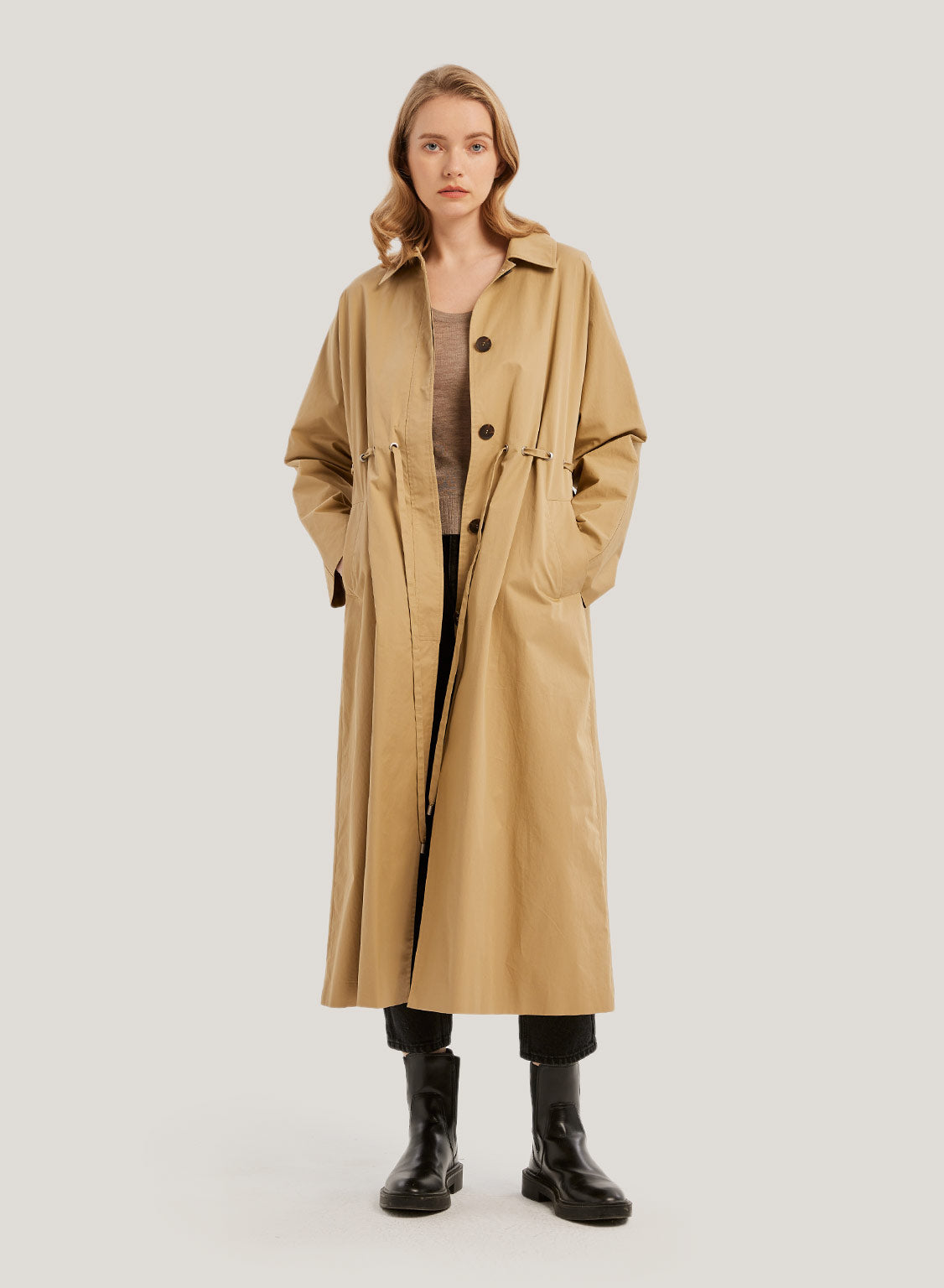 Drawstring Single-Breasted 100% Cotton Long Coat