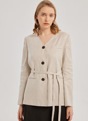 Collarless Buttoned Linen Belted Blazer – Nap Loungewear Outerwear