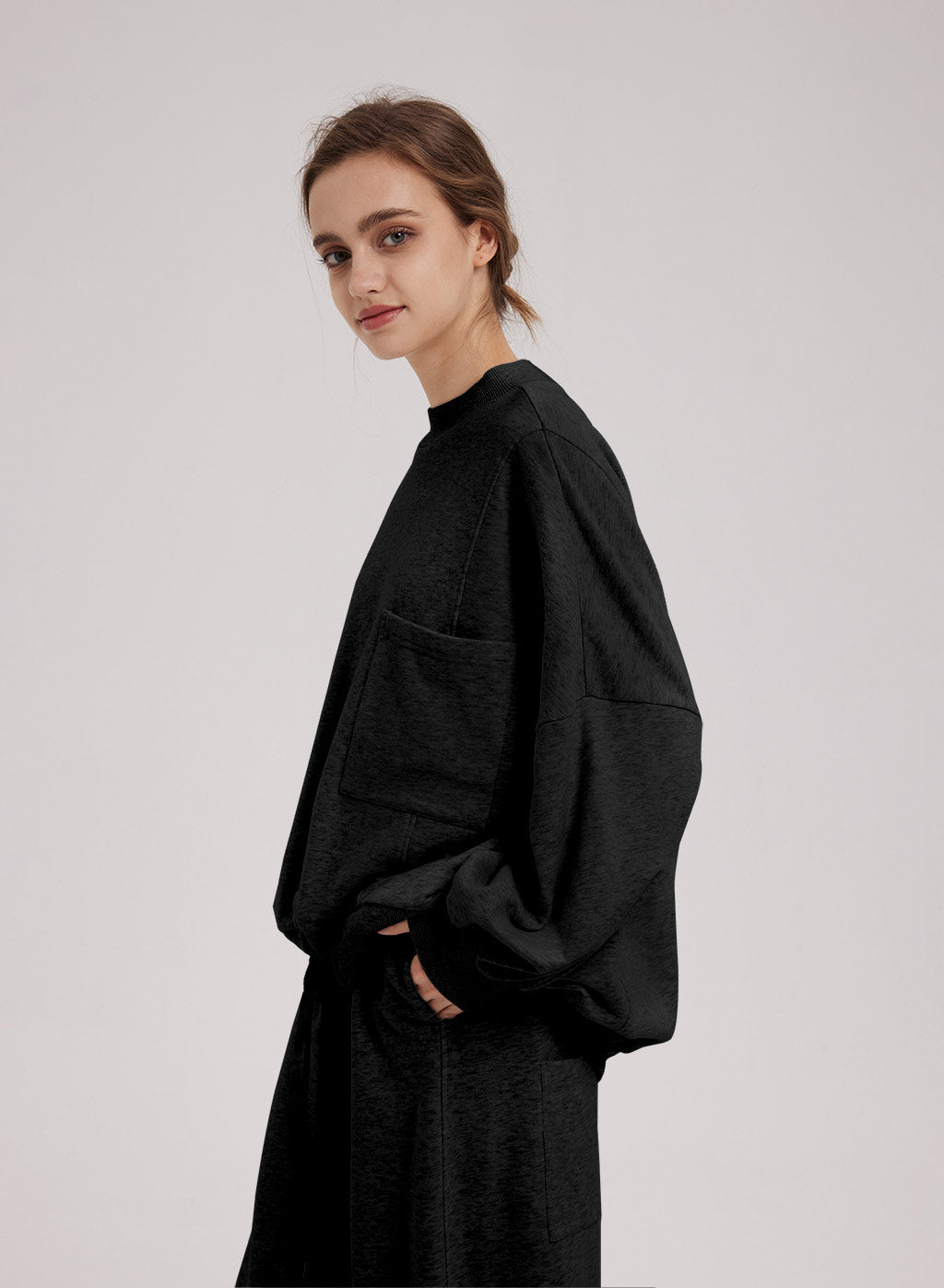 Drawstring Hem Cotton Sweatshirt Black