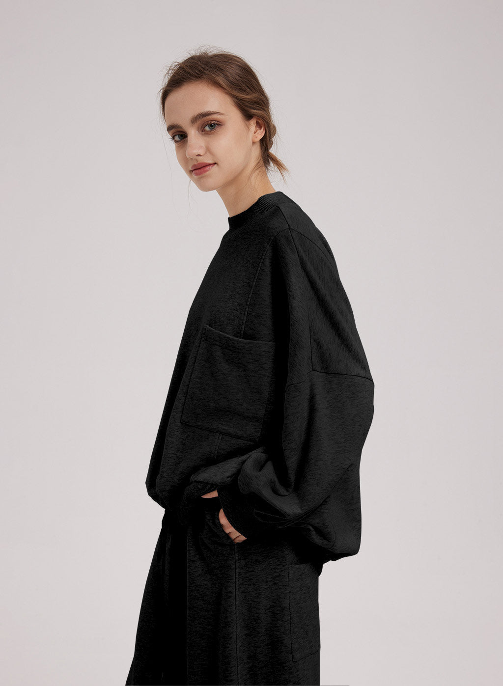 Drawstring Hem Cotton Sweatshirt Black