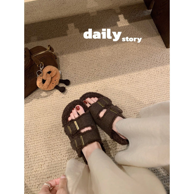 Double-buckle Fur Slippers