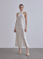 French Bow Halterneck Silk Maxi Dress