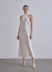 French Bow Halterneck Silk Maxi Dress