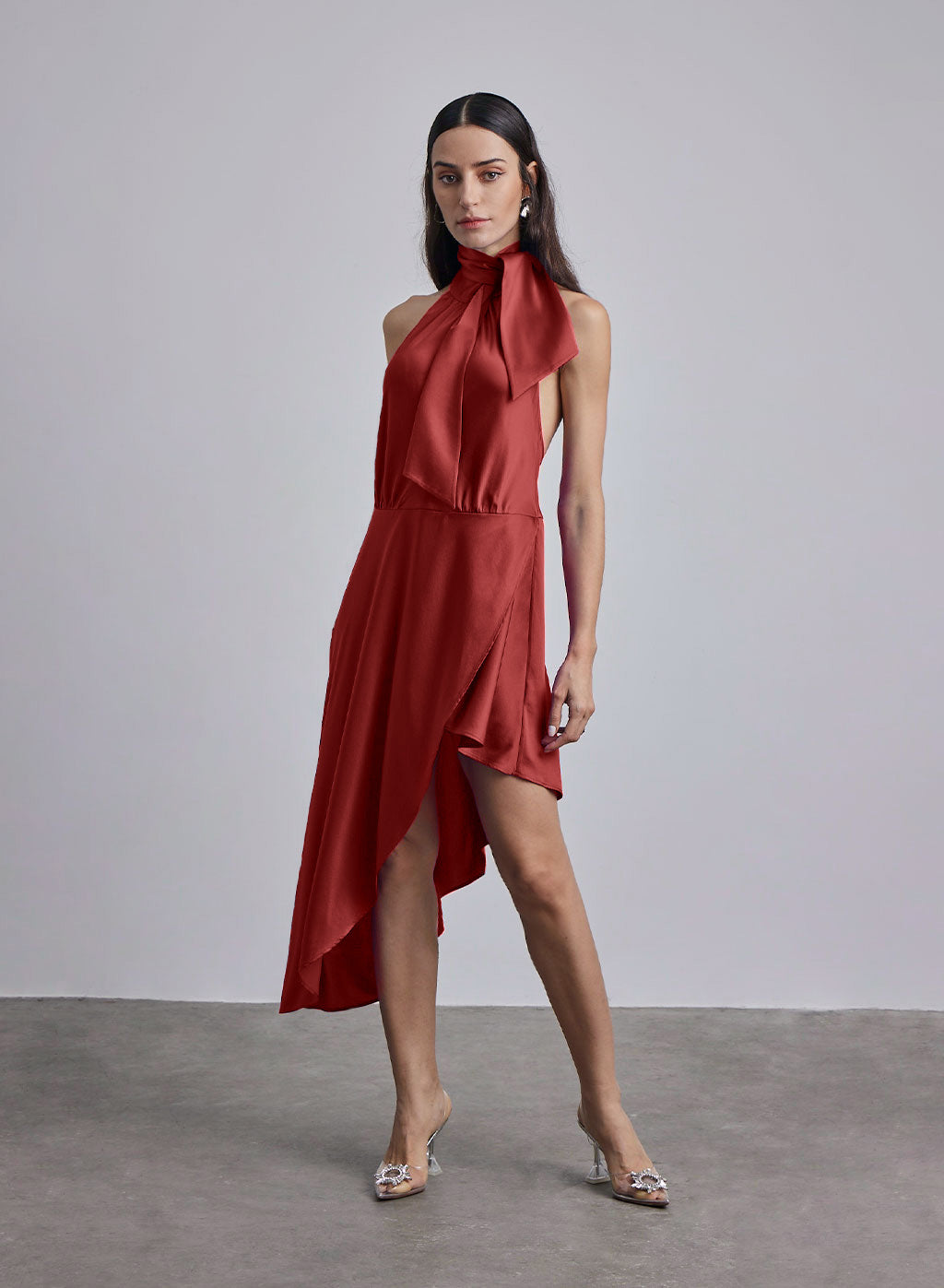 Halter Neck-Tie Hi-Low Silk Midi Dress