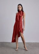 Halter Neck-Tie Hi-Low Silk Midi Dress