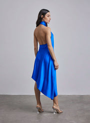 Halter Neck-Tie Hi-Low Silk Midi Dress
