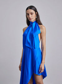 Halter Neck-Tie Hi-Low Silk Midi Dress
