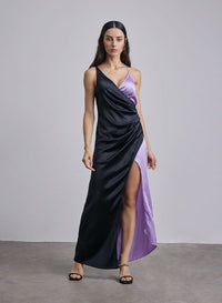 Color Contrast Wrap Silk Maxi Dress