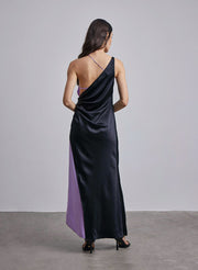 Color Contrast Wrap Silk Maxi Dress
