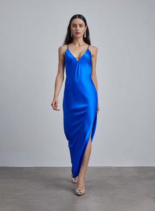Sapphire Side Slit Silk Maxi Dress