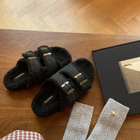 Double-buckle Fur Slippers