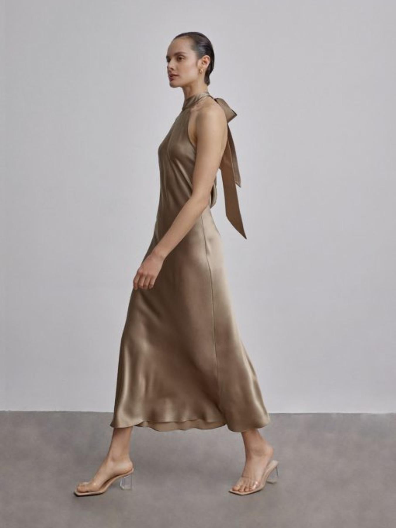 French Bow Halterneck Silk Maxi Dress
