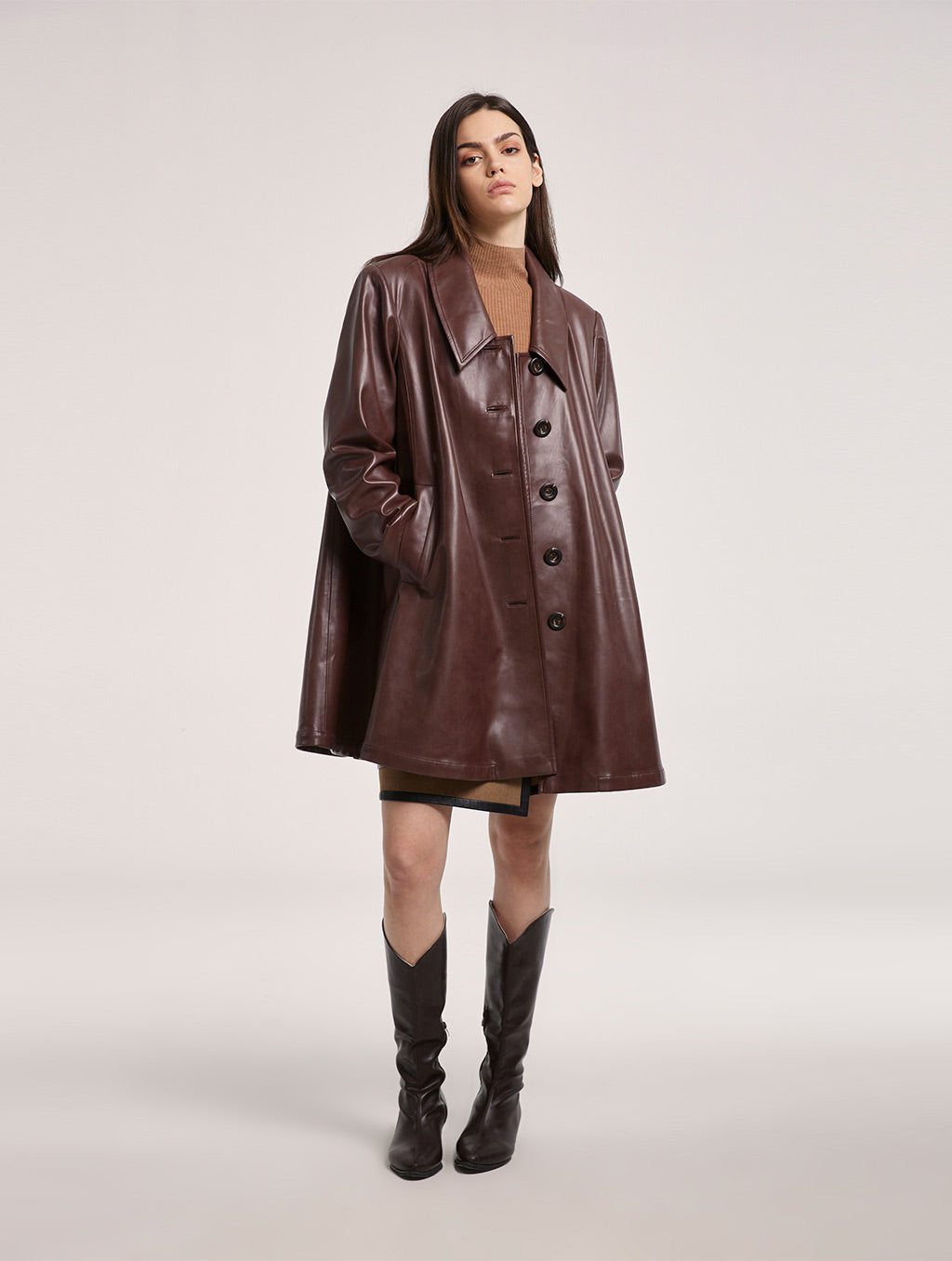 A-Line Buttoned Faux Leather Coat