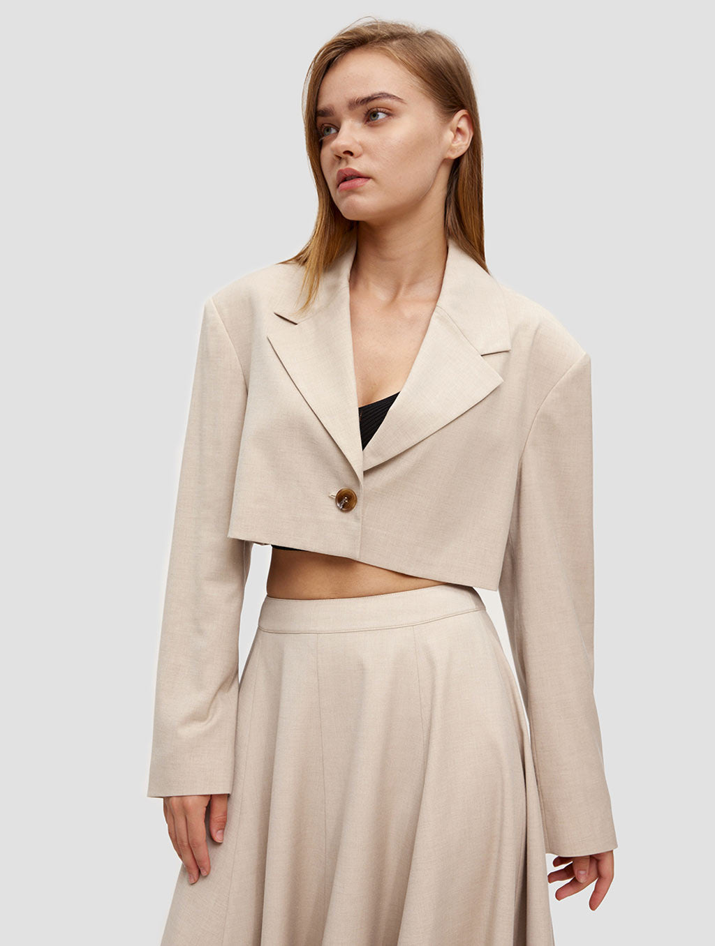 Cropped Lapel Collar Blazer - positive- beige