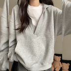 Grey V-neck hooded sweatshirt for women - loose and slim casual pullover