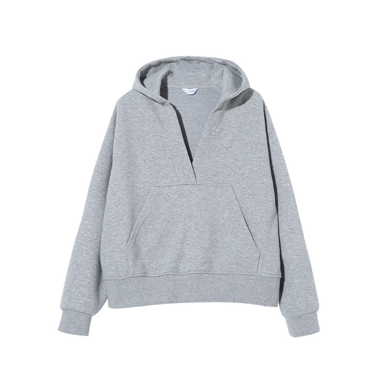 Grey V-neck hooded sweatshirt for women - loose and slim casual pullover