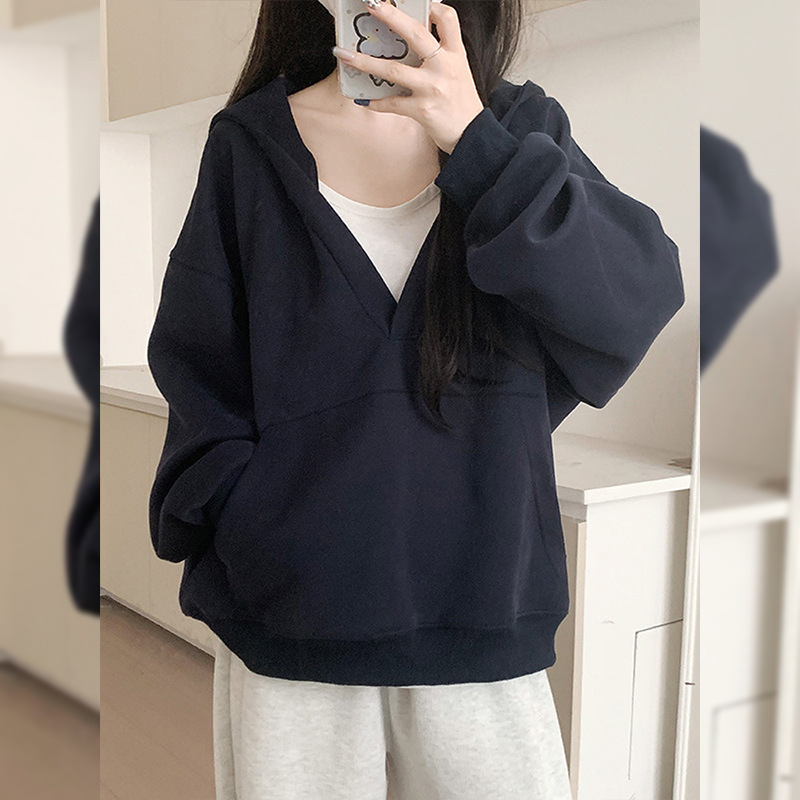 Grey V-neck hooded sweatshirt for women - loose and slim casual pullover