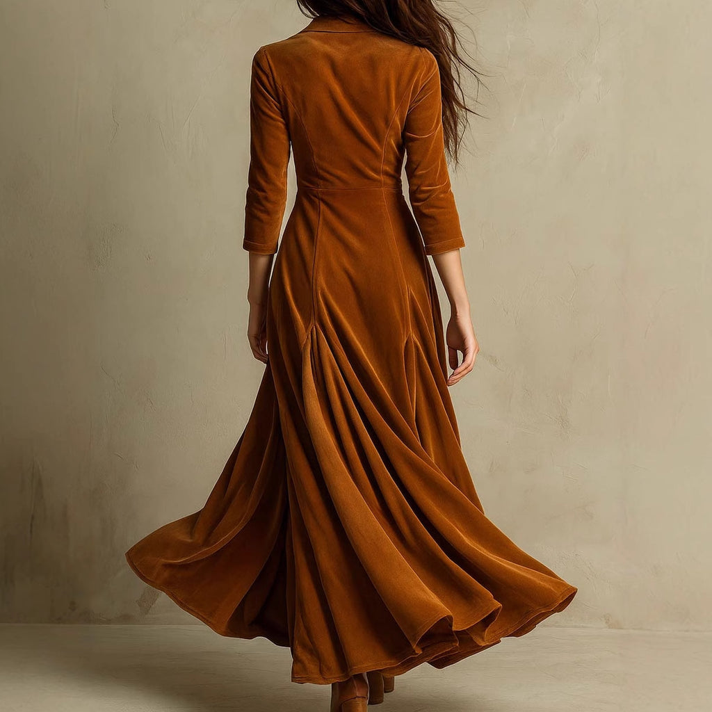 Solid color button-down lapel seven-quarter sleeve long dress dress