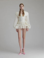 Court style V-neck bubble sleeve three-dimensional flower dress