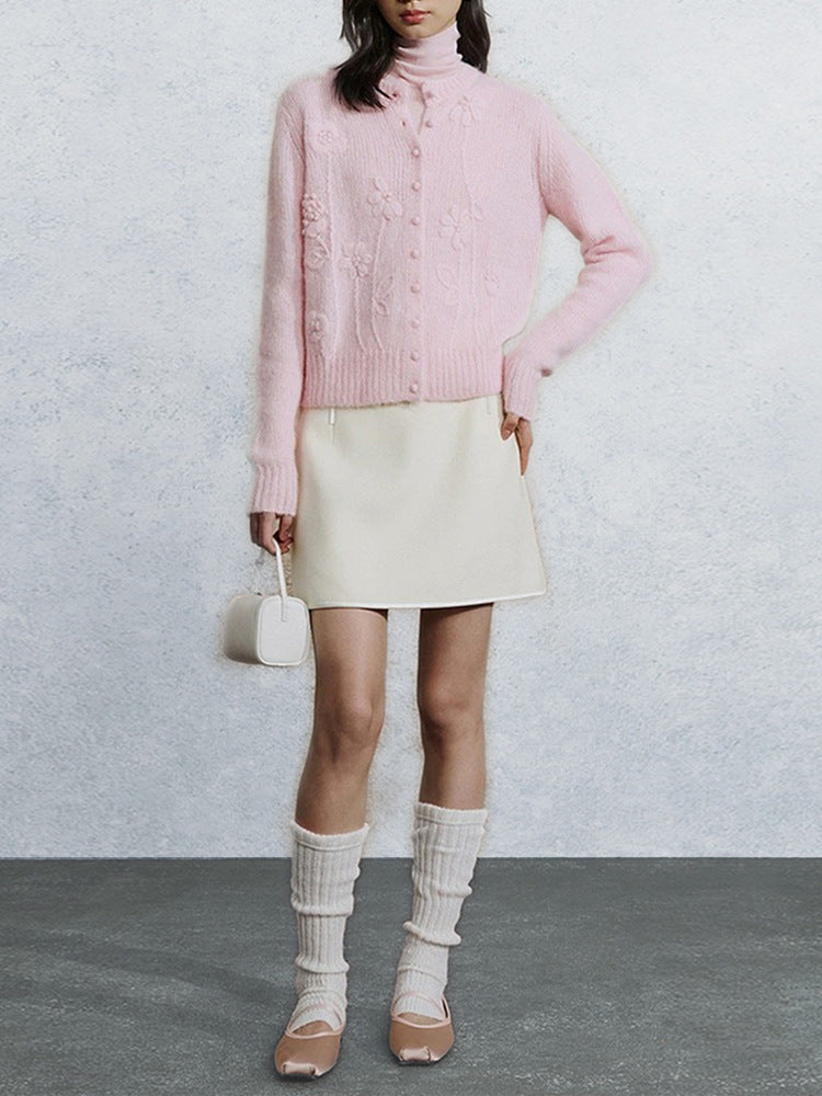 Three-dimensional crochet alpaca wool knitted cardigan