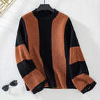 Loose crew neck knitted sweater contrasting colors
