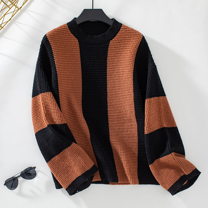 Loose crew neck knitted sweater contrasting colors