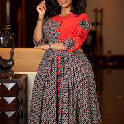 Temperament elegant round neck seven-quarter sleeve print splicing dress