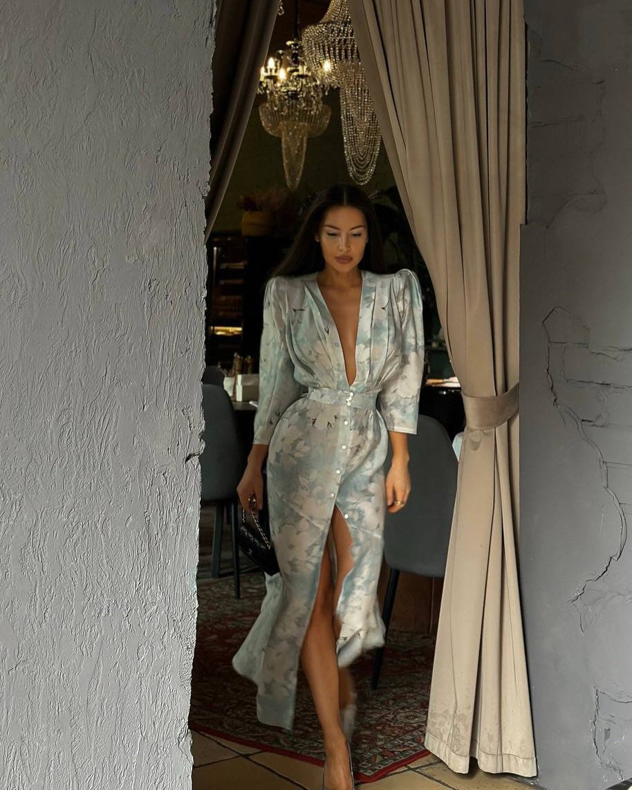 Printed V-Neck High Waist Split Bubble Sleeve Dress