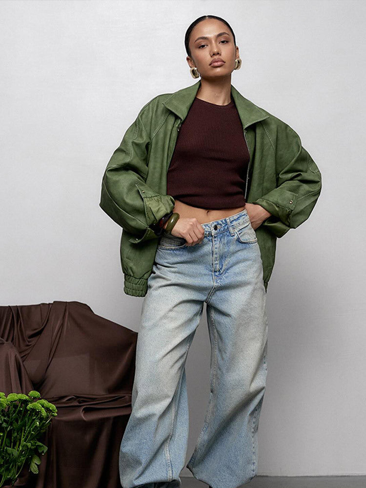 Solid color lapel leather jacket