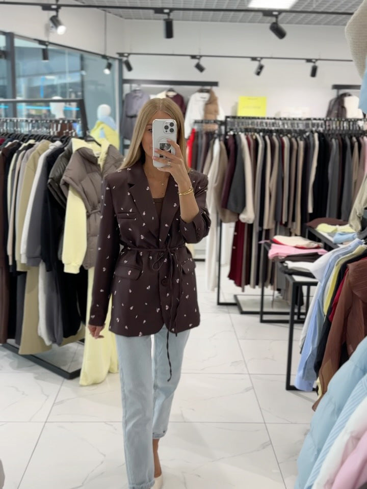 Floral lace up slim fit long sleeved blazer top