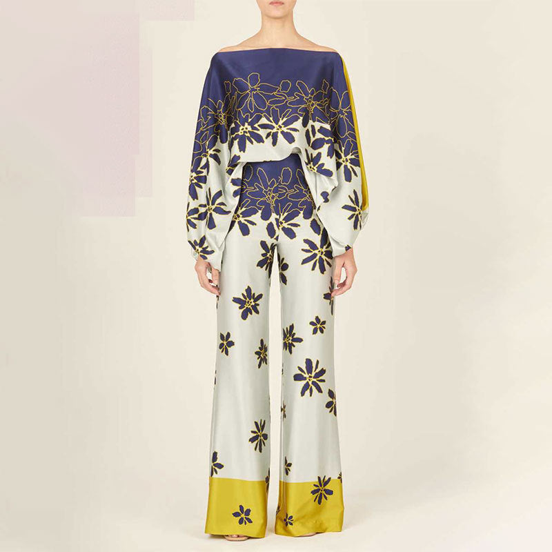 Printed Crew Neck Loose Bat Sleeve Waist Wide Leg Pants Fashion Suit
