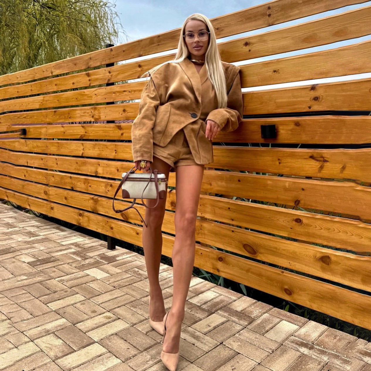 Suede shoulder padded suit jacket