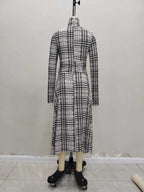 Stand up collar long-sleeved plaid fabric pleated and thin casual dress