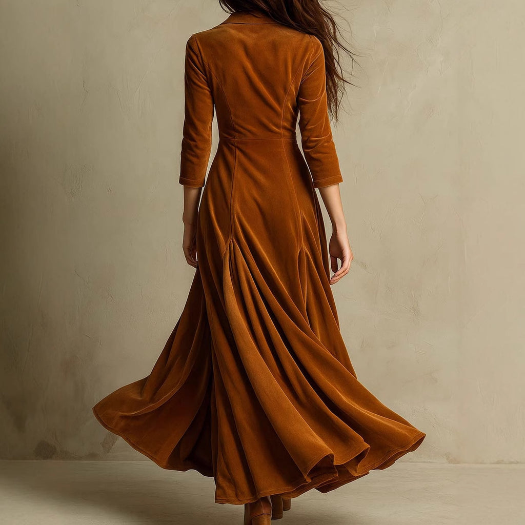 Solid color button-down lapel seven-quarter sleeve long dress dress