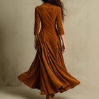 Solid color button-down lapel seven-quarter sleeve long dress dress