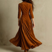 Solid color button-down lapel seven-quarter sleeve long dress dress