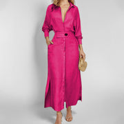 Lace-up Solid Color Waist Long Sleeve Irregular Shirt Dress