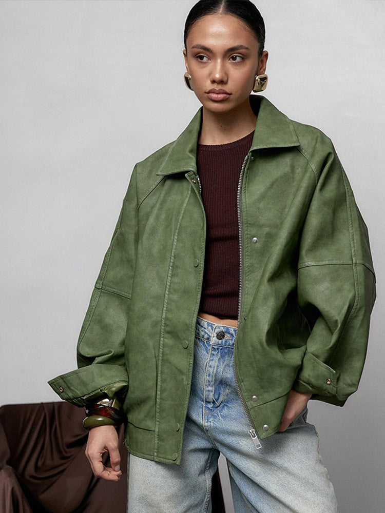 Solid color lapel leather jacket