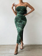 Mesh floral pleated sexy tight split strapless tube top dress