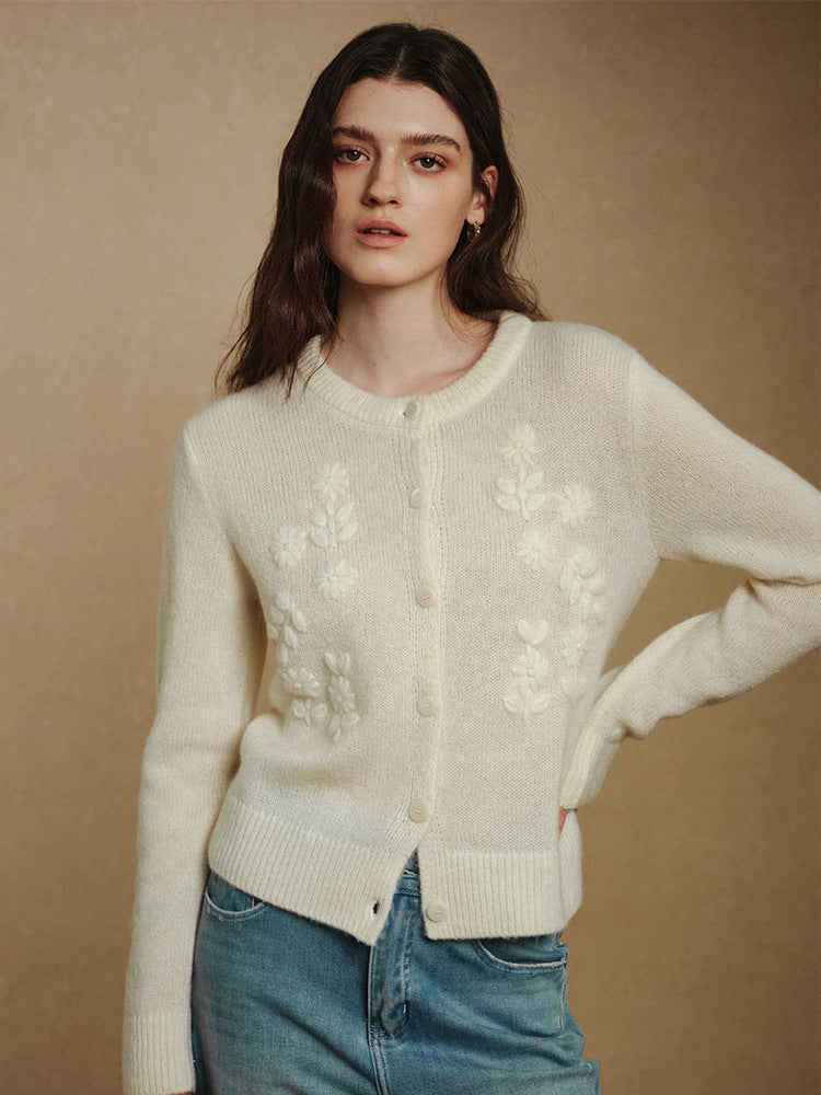 Three-dimensional crochet alpaca wool knitted cardigan