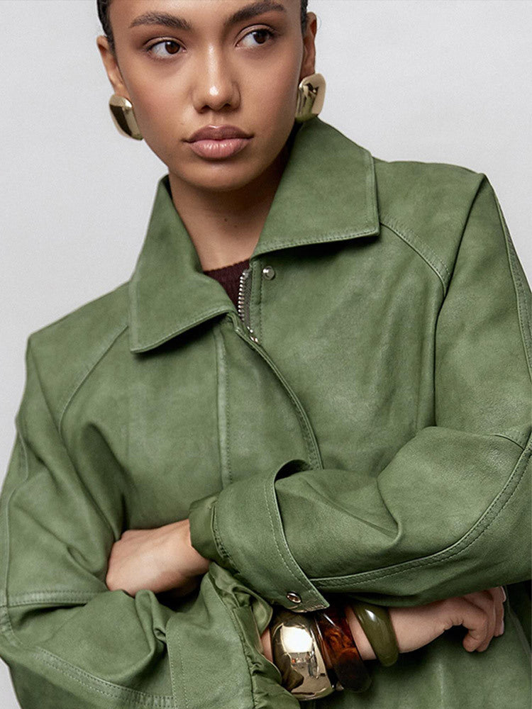 Solid color lapel leather jacket