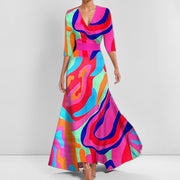 Temperament V-neck printed strap-up large skirt dress