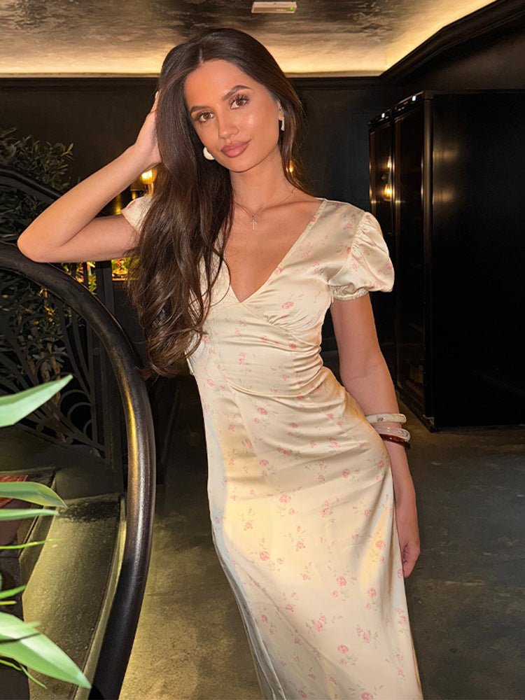 Floral V-neck tight waist dress